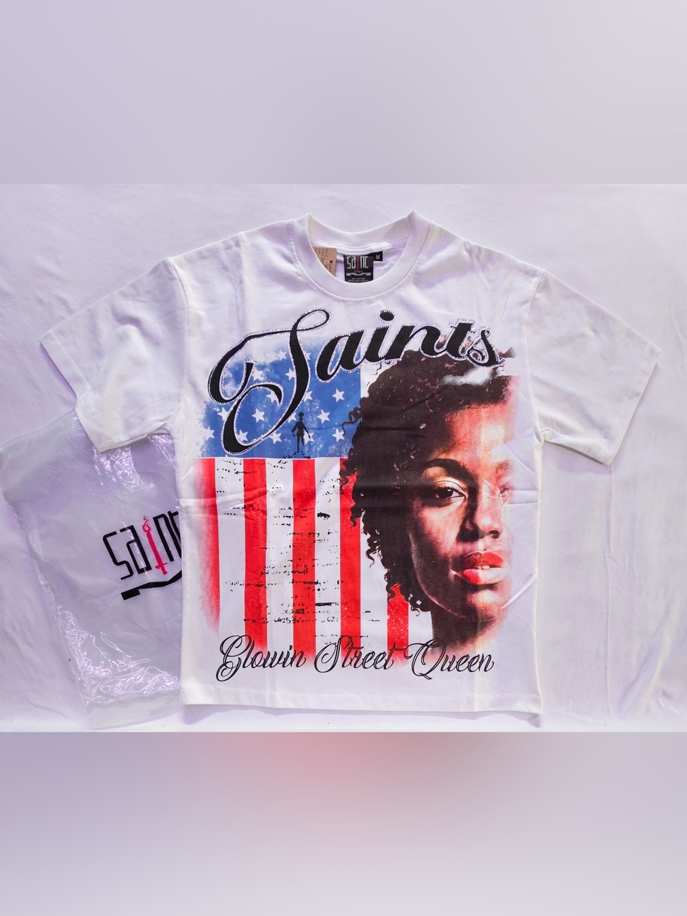 All Saints White Graphic Tee with Red & Blue Flag Artwork